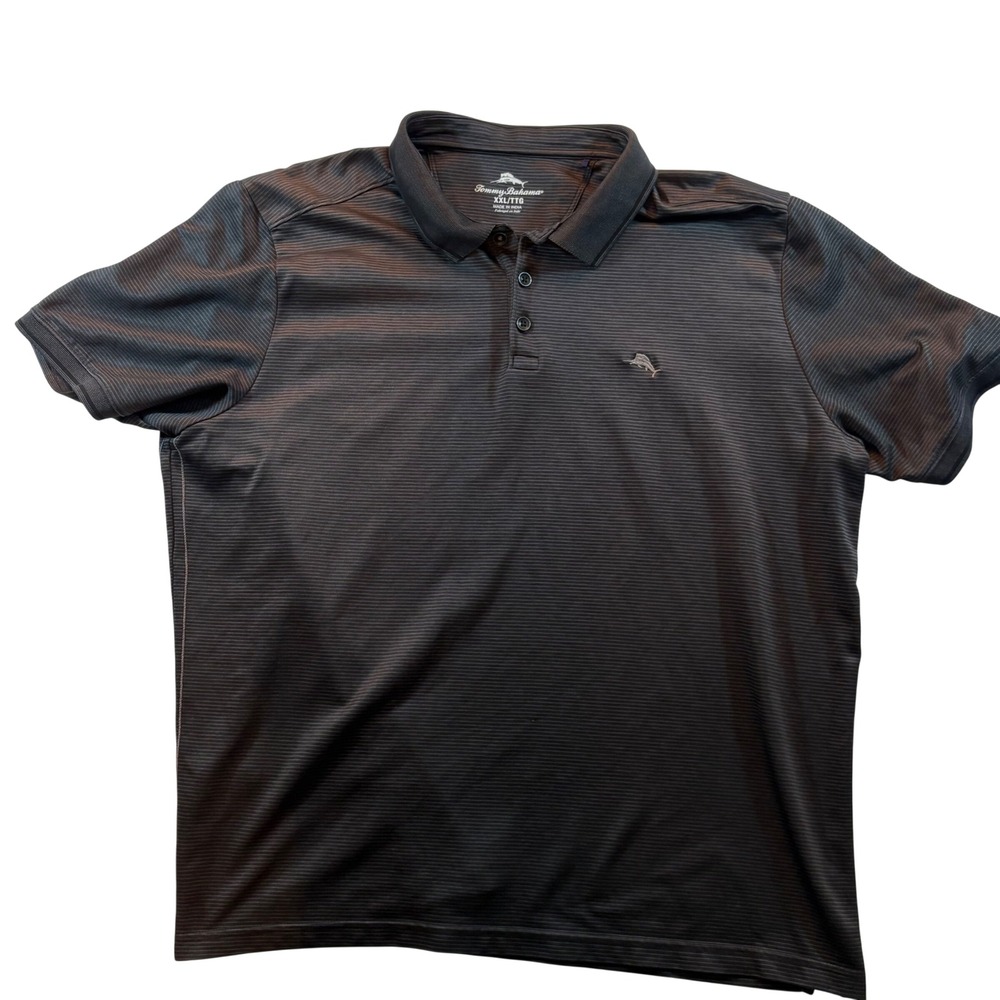 Tommy Bahama Polo Shirt Mens XXL Grey Micro Stripe Short Sleeve Marlin Logo